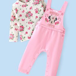 Babyhug 100% Cotton Knit Minnie Mouse Printed Dungaree with Full Sleeves Floral Printed Inner Tee - White & Pink-image-52