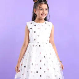 Pine Kids Woven  Sleeveless Party Frock With Polka Dot Print-White-picture-10