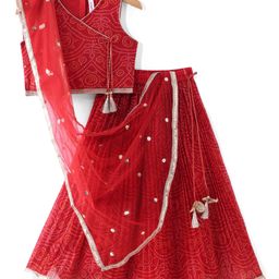 Babyhug Chiffon Woven Sleeveless Crushed Lehenga Choli with Dupatta Set Bandhani Print -Red-picture-3