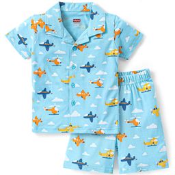 Babyhug Cotton Half Sleeves Night Suit With Airplanes Print - Blue-image-22