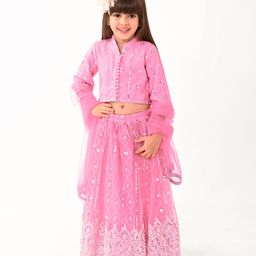 Babyhug Three Fourth Sleeves Sequin Embroidered Choli &  Lehenga Set with Dupatta - Pink-image-38