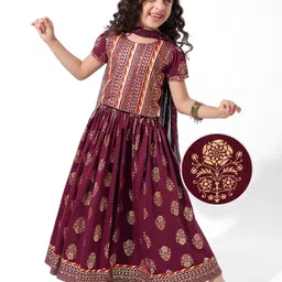 Earthy Touch Single Jersey Knit Half Sleeves Foil Printed Choli Lehenga Set with Dupatta - Maroon-picture-25