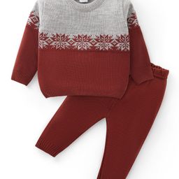 Babyhug Knitted Full Sleeves Sweater Set with Floral Design - Maroon-image-61