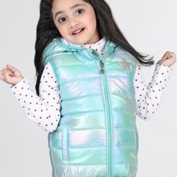 Babyhug Woven Sleeveless Padded Hooded Metallic Jacket with Pockets & Ear Applique - Blue-image-89
