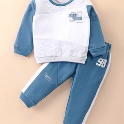 ToffyHouse 100% Cotton Knit Full Sleeves Color Block T-Shirt & Lounge Pants Set With Text Print - White & Blue-image-51