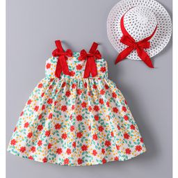 Kookie Kids Singlet Sleeves Knee Length Floral Printed Frock with Hat & Bow Applique - Red-picture-38