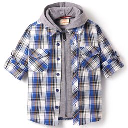 Rikidoos Full Sleeves Checked Hooded Shirt With Attached Tee - Blue & Grey-image-1