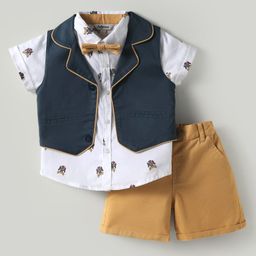 ToffyHouse Cotton Knit Half Sleeves Printed 3 Piece Party Suit With Bow - White & Golden-picture-19