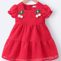 Mark & Mia Half Puffed Sleeves Pom Pom Applique & Textured Tiered Party Frock - Red-image-78