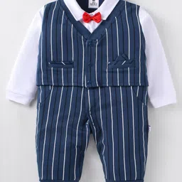 Mini Taurus Cotton Knit Full Sleeves Striped Party Romper with Attached Bow - Navy Blue-picture-34