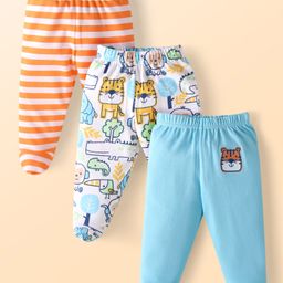 Babyhug Cotton Knit Full Length Bottie Leggings with Strips & Animal Print Pack of 3 - Orange White & Light Blue-image-29