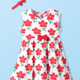 Babyhug Single Jersey Knit Sleeveless Floral Printed Frock with Headband & Bow Applique - White-image-40