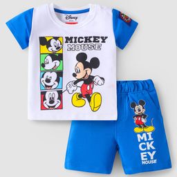 Babyhug Disney Single Jersey Knit Half Sleeves T-Shirt & Shorts Set With Mickey Mouse Graphics - White & Blue-image-68