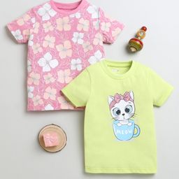 BUMZEE Cotton Knit Half Sleeves Tops with Cat & Floral Print Pack Of 2 - Pink & Limegreen-image-45