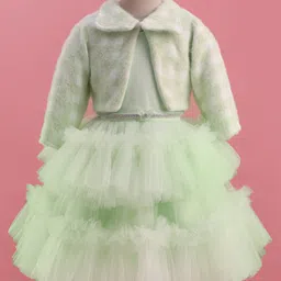 Enfance Ruffle Detailed Dress With Full Sleeves Textured Checked Jacket & Belt - Parrot Green-picture-37