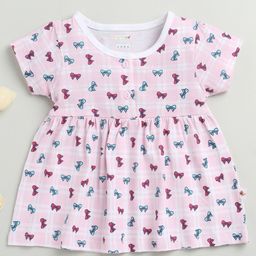 BUMZEE Cotton Knit Half Sleeves Bow Printed Dress - Pink-picture-39