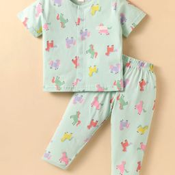 ToffyHouse Knitted Half Sleeves Co-ords Night Suit with Unicorn Print - Green-image-79