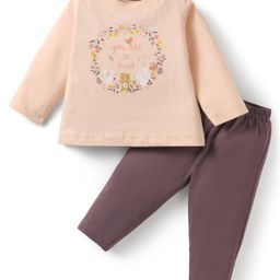 Zero Sinker Knit Full Sleeves Top & Lounge Pant Set With Floral & Animal Print - Light Peach & Purple-image-94