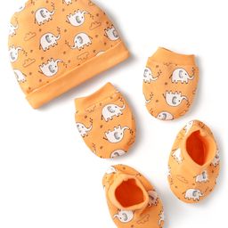 Doodle Poodle Interlock Cotton Elephant Printed Cap Mittens & Booties Set Orange - Diameter 10.5 Cm-image-24