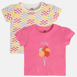 MINI KLUB Cotton Pack Of 2 Half Sleeves Checked & Balloon Printed Tops - White & Pink-picture-18