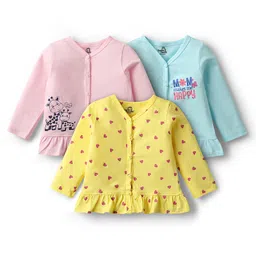 Doodle Poodle 100% Cotton Single Jersey Knit Full Sleeves Front Open Jhablas With Heart Print Pack Of 3 - Yellow & Light Blue-picture-12