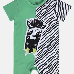 MINI KLUB Cotton Knit Half Sleeves Zebra Patch Detailed Romper - Green & White-image-44
