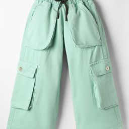 Olio Kids Cotton Woven Full Length Solid Color Trouser with Cargo Pocket - Sea Green-picture-14