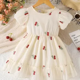 tior Woven Half Puffed Sleeves Cherries Embroidered Dress - Cream-picture-10