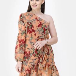 Cation Peach Floral Print Wrap Dress-78
