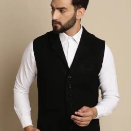 Even Black Regular Fit Self Design Notch Lapel Waistcoat-image-27