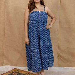 The Indian Ethnic Co Indigo A-Line Dabu Handblock Printed Cotton Dress with Square Neck & Sleeveless-15