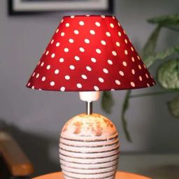 Homesake Cone Red Dot Red Wood Ribbed Basket Table Lamp with Fabric Lampshade image 2