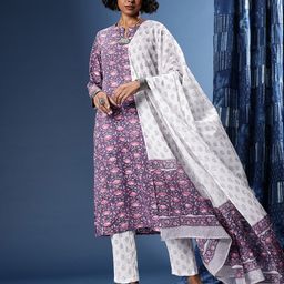 Taavi Pure Cotton Indie-Floral Printed Block Print Legacy Kurta with Trousers & Dupatta image 3