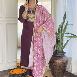 PEENGAX Women Floral Embroidered Regular Kurta with Trousers & With Dupatta-image-96