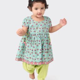 Fabindia Kids Green Floral Print Kurta with Salwar-picture-1