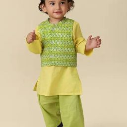 Fabindia Kids Yellow & Green Cotton Printed Full Sleeves Kurta Set-image-59