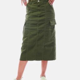 IZF Green A-Line Midi Denim Skirt-image-4