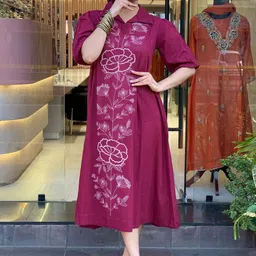 Brand Hill Floral Embroidered Shirt Collar Chanderi Cotton A-line Dress-picture-1