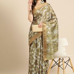 Silk Land Floral Printed Zari Block Print Saree-16