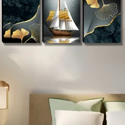 SAF Grey & White 3 Piece Floral And Botanical Ship Wood Wall Art-image-4