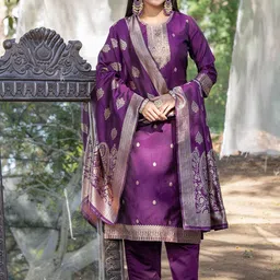 NIZA FASHION Floral Woven Design Printed Zari Work Art Silk Kurta With Trousers & Dupatta-9