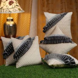 Hosta Homes Beige & Grey Velvet Frill Cushion Cover - Set of 5-image-73