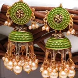Karatcart Antique Gold-Plated Light Green Tomb Style Jhumki Earrings with Golden Pearl for Women-24