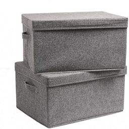 skyfun (label) Rectangular Foldable Large Linen Laundry, Clothes, Books, Toys Storage Living Hamper Box with Lid and Handle, Large, Pack of 2-Grey, Large image 1