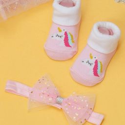 Yellow Bee Unicorn Printed Socks With Bow Applique Detailed Headband - White And Pink-image-6
