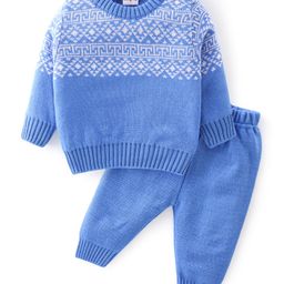 Babyhug Knitted Full Sleeves Sweater Set With Intarsia Design - Blue-image-3
