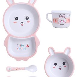 AKN TOYS RABBIT Design 5 Pieces Set Bamboo Kids Dinnerware Set Children Dishes Food Plate Bowl Mug Spoon Fork Set-(COLOUR MAY VARY)-18