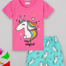 Sheer Love Cotton Jersey Knit Half Sleeves Unicron Printed Tee With Shorts Set - Hot Pink-image-3