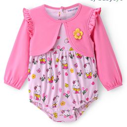 Babyoye Cotton Knit Full Sleeves Onesies with Bear Print Floral Applique & Frill Deatailing - Pink-image-33