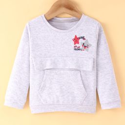 Olio Kids Cotton Knit Full Sleeves T-Shirt with Kangaroo Pocket & Star Printed - Grey-image-77